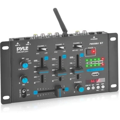 Imagen de Pyle mezclador de audio para DJ, 3 canales, Bluetooth, Lector USB, Dual RCA/Phono, Entrada microfono, Conector auriculares