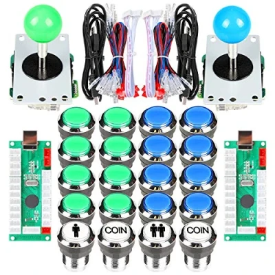 Imagen de Fosiya 2 Jugador Arcade Joystick LED Chrome Botones de Arranque para PC MAME Frambuesa Pi Video Juegos Gabinete Piezas (Azul Verde)