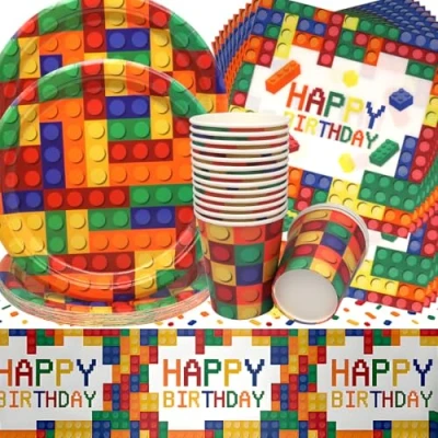 Imagen de Vajilla de cumpleaños Bloques Construcción,Doyomtoy Decoración Mesa Construcción Platos Servilletas Vasos para Fiesta niños 16 huéspedes