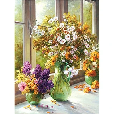 Imagen de Cukol Kit Punto de Cruz Esquemas Niños Principiantes Tela Impresa Flores, Cuadro Set Kits Bordado Completo Hilo y Impreso Contado Patrones a Mano Hacer faciles 11ct