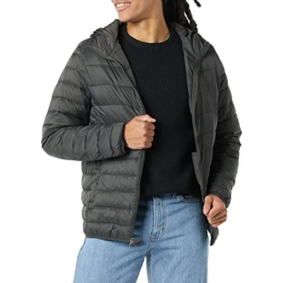 Imagen de Amazon Essentials Chaqueta Acolchada con Capucha, Plegable, Ligera y Resistente al Agua Hombre, Gris Oscuro, XL