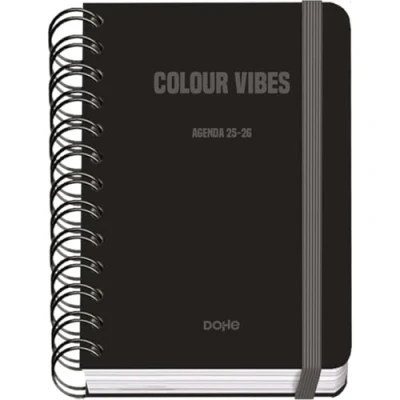 Imagen de Dohe Agenda Escolar 2025 2026 Día Página, Tamaño A6 (12x17 cm), Español e Inglés, Cierre de Espiral Doble y Goma, Tapa Dura, 4 Páginas Pegatinas COLOUR VIBES Negro