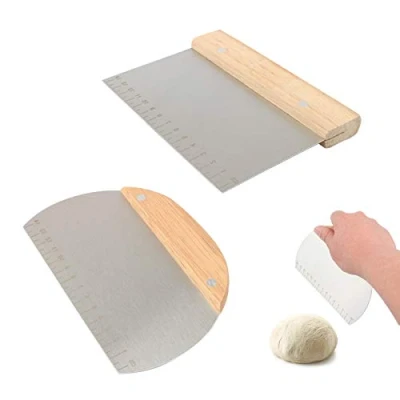 Imagen de Cortador de masa, espátula 2 espátulas semicirculares y rectangulares para hornear acero inoxidable con escamas mango madera cortar pizza, turrón