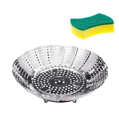 Imagen de CHINZIO Vaporeras para Ollas, Cesta Vaporera Plegable de Acero Inoxidable con Esponja Fregar, Steamer Cocinar, Pescados, Mariscos, Frutas, Puede Ampliar 14 23 cm