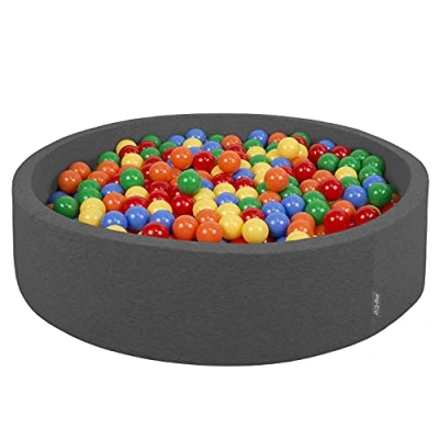 Imagen de KiddyMoon Piscina De Bolas 120X30cm/200 Redondo Grande para Ninos,Hecha En La UE, Gris Oscuro:Amarillo/Verde/Azul/Rojo/Naranja