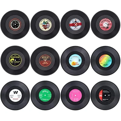 Imagen de Litensh Posavasos Retro con Discos de Vinilo, Goma Antideslizante, Aislamiento, Redondos, para té, café, Bebidas, protección Mesa, Evita Que se resbale el Soporte (M3 Pattern 12pcs)
