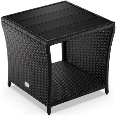 Imagen de CASARIA Mesita Auxiliar de Poliratán Balcón Jardín 45x45x40cm Tablero WPC Mesa Altura Ajustable Negra