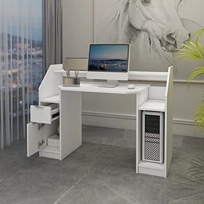 Imagen de ML Design Escritorio de Ordenador 123,2 x 90 cm Color Blanco Madera Mesa con Espacio Almacenamiento Cajón Puerta y Estantes Abiertos Pupitre Trabajo Mueble Oficina Estudio Portátil