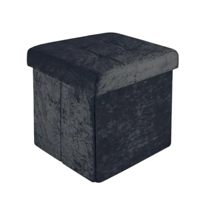 Imagen de INTIRILIFE puf Plegable 30x30x30 cm en Terciopelo Negro Asiento Cubo con Tapa y Espacio de Almacenamiento Tela Huecos reposapiés Caja Cofre