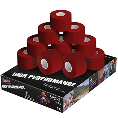 Imagen de ALPIDEX 12 x Cinta Adhesiva Deportiva 3,8 cm 10 m Sport Tape 100% Algodón Inelástica Balonmano Fútbol Voleibol Escalada, Color:Rojo