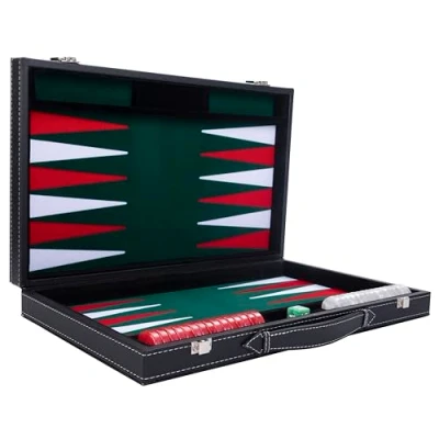 Imagen de Engelhart Backgammon de Lujo 38 cm Piel Simili, Incrustaciones Especiales Fieltro Dados y fichas nacaradas + 2 Tazas Pro. Ocio (Verde)