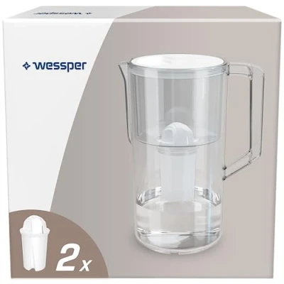 Imagen de Wessper jarra de filtro agua 2,5 L Aqua Classic Basic, juego y 2 filtros compatibles con Brita Classic, sistema agua, reducción cal, cloro Blanco