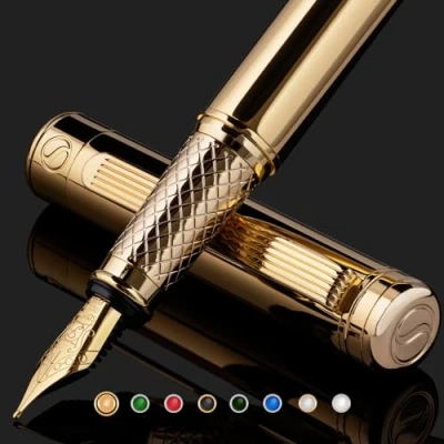 Imagen de Scriveiner Pluma Estilográfica Oro con Detalles de 24k y 18K para una Caligrafía Suave Elegante, Plumilla (F) Convertidor Instalado Schmidt, Incluye Dos Cartuchos Tinta, Azul Negro