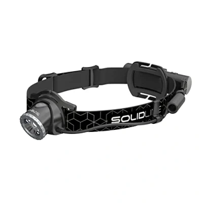Imagen de Solidline SH6R Linterna frontal LED superbrillante, recargable, 600 lúmenes, alcance de 300 m, 50 horas duración, incluye batería, sistema carga flotante y cable USB, 1 unidad