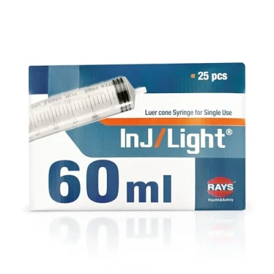 Imagen de Rays Jeringas Desechables de 60 ml Tres Cuerpos Cono Luer Excéntrico sin Aguja Inj/Light Caja 25 Unidades, Estériles, Libres Látex, Ideales para Infusiones e Inyecciones