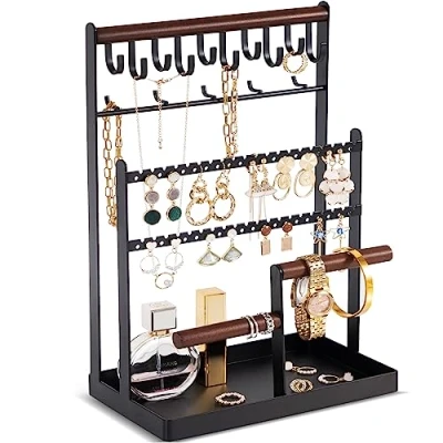 Imagen de Procase Soporte para Joyas, Organizador Pendientes,Cadenas, Pulsera, Colgante y Expositor con Agujeros Estante de Joyería Negro