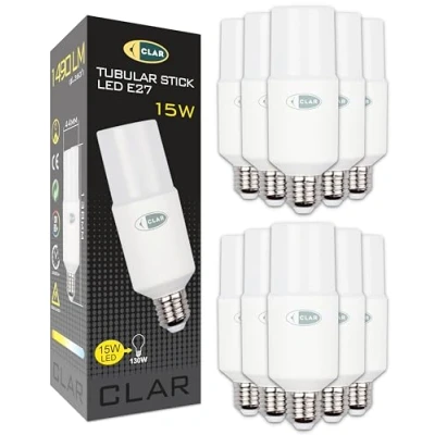 Imagen de CLAR Bombillas LED E27 Luz Fria, Bombilla Blanco Frio, 6500K, E27, LED, Tubular 15W (Pack 10)