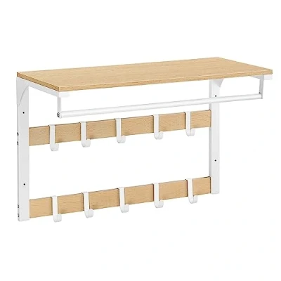 Imagen de VASAGLE Perchero de Pared, Colgante con 10 Ganchos Extraíbles, Doble Fila y Barra Colgar, para Pasillo, Dormitorio, Baño, Roble Blanco LCR101W09