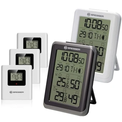 Imagen de BRESSER ClimaTemp IO Termómetro radiocontrolado, Set Jumbo con 2 Estaciones y 3 transmisores para Temperatura Humedad
