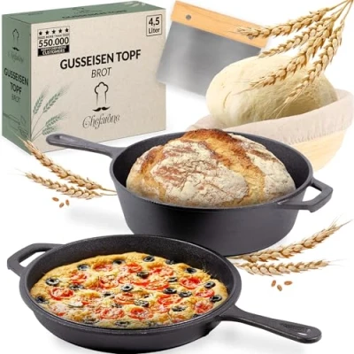 Imagen de olla de hierro fundido 26CM cesto frementación compatible con inducción Asador 2 en 1 3L sartén 1,5L para hornear pan asar
