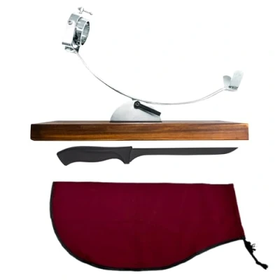 Imagen de Jamonero Basculante Cabezal Giratorio + Cubre Jamon Burdeos Afilador manual Cuchillo