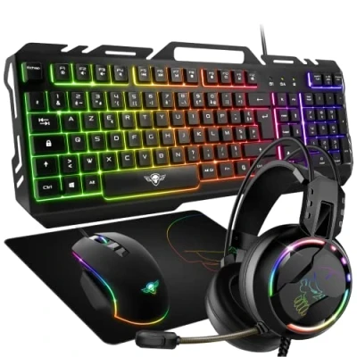 Imagen de SPIRIT OF Gamer Pack Gaming 4 en 1 Pro MKH5 Teclado RGB AZERTY Anti Ghosting/Ratón 7 Botones 6400 dpi/Auriculares RGB/Alfombra Antideslizante/PC PS4 PS5 Xbox One Mac