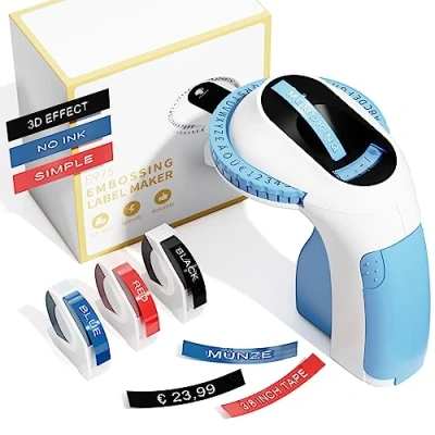 Imagen de Memoking Máquina etiquetadora de estampen Relieve E975 3D Embossed Label Printer Machine with 3 Rolls Emboss Tapes, Labelling Machine, for Home Organization, DIY Crafting (£/, Ä, Ö, Ü)