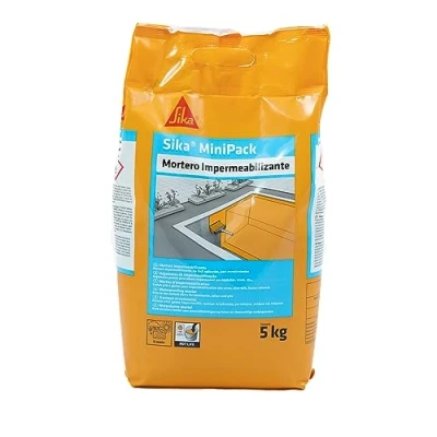 Imagen de Sika MiniPack Mortero Impermeabilizante, para la impermeabilización y protección de cimentaciones, sótanos, fosos ascensor muros enterrados, Gris, 5 kg
