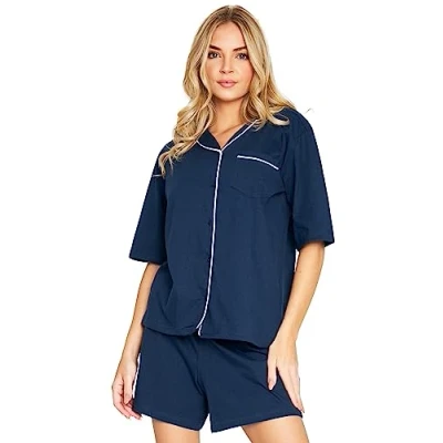 Imagen de CityComfort Pijama Mujer Verano Conjunto Pijamas de Algodón Camiseta Botones Manga Corta y Pantalones Cortos Ropa Chica Adolescente Moda Tallas S XL (Azul/Blanco, M)