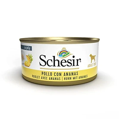 Imagen de Schesir, Comida húmeda para Perros Adultos, Sabor Pollo con piña Preparado filetes en gelatina Verdaderos trozos de Fruta Total 2,7 kg (18 latas x 150 gr)