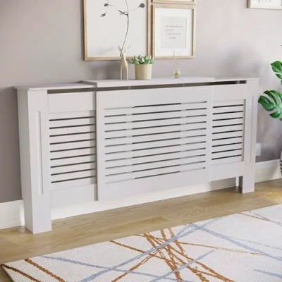 Imagen de Home Discount Cubierta para radiador, Ajustable, diseño Moderno de Listones, Madera Tablero Fibra Densidad Media Pintada en Blanco.