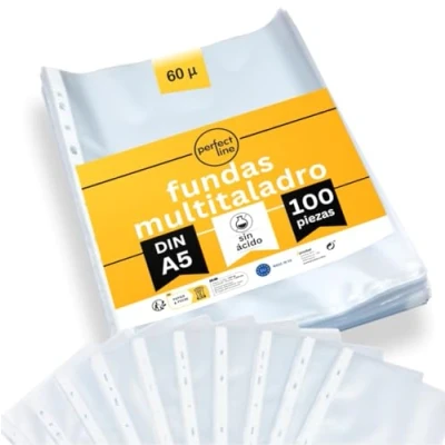 Imagen de perfect line 100 fundas transparentes tamaño folio DIN A5, A5 archivador, granuladas, sin ácido, fabricación en la UE