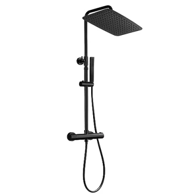 Imagen de JOHO Columna de Ducha Negro con Grifo Termostático Sistema Monomando Barra Altura Ajustable Mano y Alcachofa para Lluvia XXL 35 x 25 cm