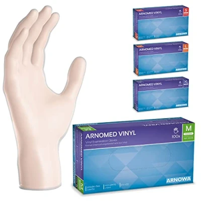 Imagen de ARNOMED guantes vinilo sin polvo talla M, 100 unidades/caja, de polvo, transparentes, desechables, desechables S, L y XL