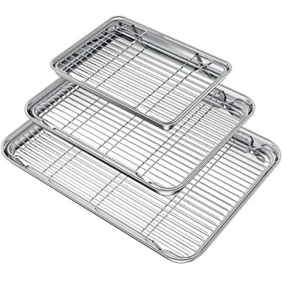 Imagen de Wildone Juego de bandejas para hornear con estante (3 sartenes + 3 estantes), bandeja acero inoxidable refrigeración, no tóxica, resistente y fácil limpiar