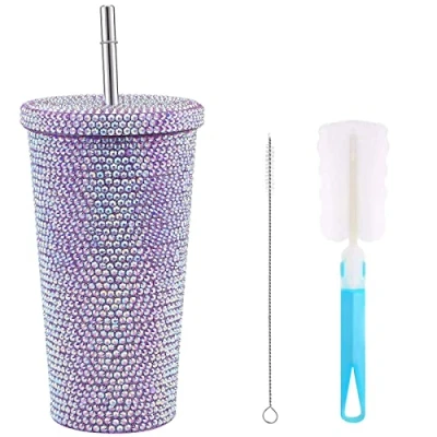 Imagen de ZWMBYN vaso brillante con purpurina tapa y popote, botella de agua 17 onzas, taza térmica diamantes imitación, acero inoxidable café