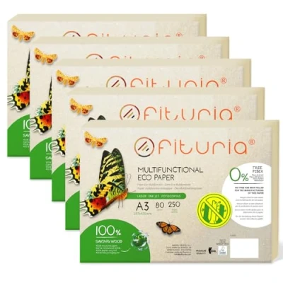 Imagen de Papel Reciclado A3 de 80gr, Folios 100% Fabricado con Reciclado, Paquete Hojas DIN A3, Color Natural Apto para Impresora Laser e Inkjet Ofituria (1250 hojas)