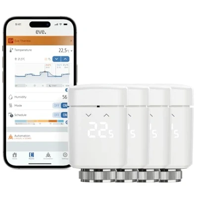 Imagen de Eve Thermo (Matter) lote de 4: Válvula termostática inteligente para radiador, control automático temperatura, Apple Home, Amazon Alexa, Samsung SmartThings, Google req. Router borde Thread