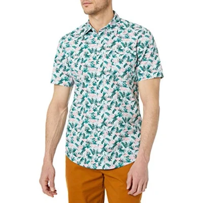 Imagen de Amazon Essentials Camisa de Corte Ceñido con Mangas Cortas, Botones y Estampado Hombre, Azul Flamenco, S