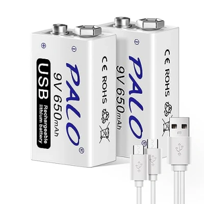 Imagen de PALO 2 Pack 9V Batería recargable USB 650mAh Li ion con en 1 Cable para alarma de humo micrófono teclado