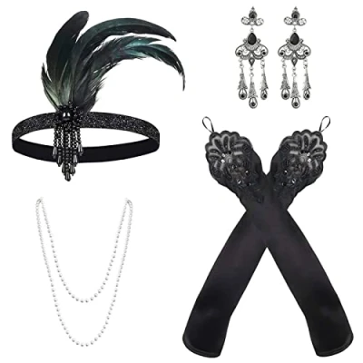 Imagen de MIVAIUN 4 Piezas Juego de 1920s Accesorios Set Diadema Flapper Collar Perlas Pendientes Guantes Años 20 Fiesta Disfraz Gran Gatsby para Mujer (4 Piezas)