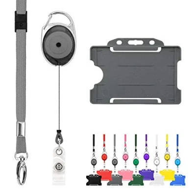Imagen de LanyardsTomorrow cordón retráctil y soporte de insignia, paquete triple trío un solo liso, mosquetón extensible para tarjeta identificación rígida., color gris