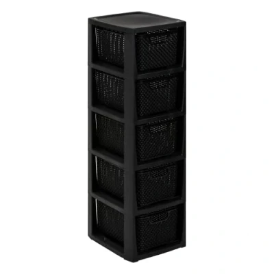 Imagen de BranQ Home essential Estantería en diseño de ratán, plástico sin BPA, PP, Negro, 29,5 x 24 80 cm, 5 cestas, Körben
