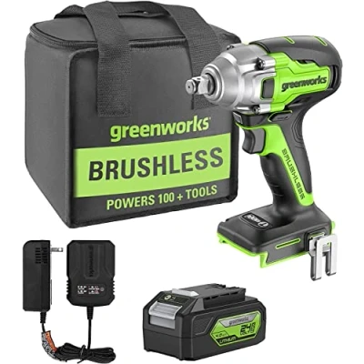 Imagen de Greenworks GD24IW400K4 Llave de Impacto Inalámbrica CON Motor sin Escobillas, 0 2800 rpm, 4000 ipm, 400Nm, Acoplador Cuadrado 1/2(1.27cm), Batería 24V 4Ah y Cargador, Garantía 3 Años
