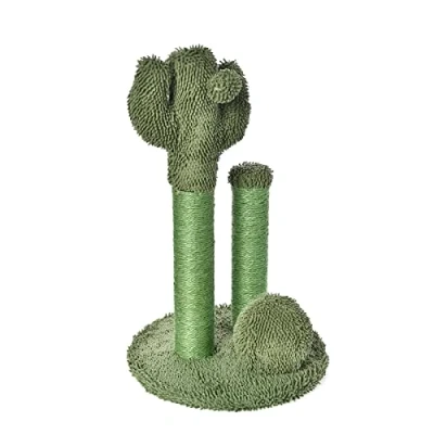 Imagen de Amazon Basics Triple poste para rascar gato en forma de cactus con bola colgante, L (Paquete 1), 27 pulgadas, Verde