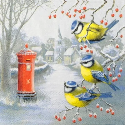 Imagen de 20 Servilletas De Navidad hierro azul delante la ciudad invernal como decoración mesa. papel con diseño. material reciclado ecológico y sostenible, 33 x cm