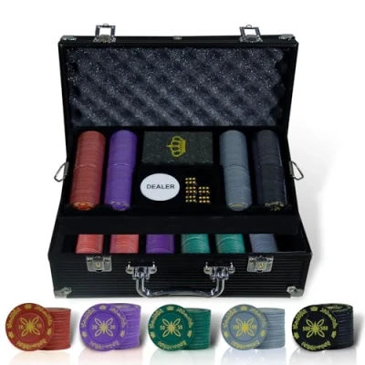 Imagen de CCLIFE Juego de Poker Profesional Maletín Aluminio Póker Set 500 Chips, Barajas Cartas, Distribuidor, Ciega Pequeña, Big Blind Buttons, Tapete y 5 Dados