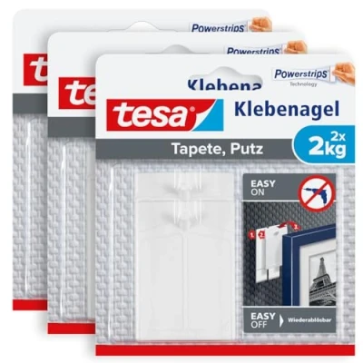 Imagen de tesa clavos adhesivos para papel pintado y yeso, 2 kg, paquete de 3 unidades, superficies delicadas, sin residuos, hasta kg capacidad sujeción por uña, x