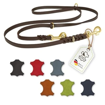 Imagen de CopcoPet Correa de cuero engrasado para perros ajustable en 3 posiciones piel suave con mosquetones y herrajes latón trenzada 100% hecha a mano Alemania (3 m x 20 mm
