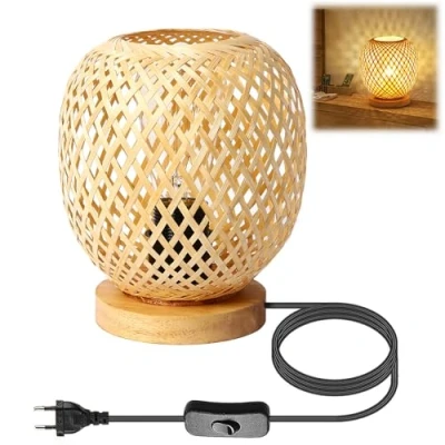 Imagen de KZT lámpara De Mesa Bambú Ratán Natural Interior E27 mesita noche base Madera Luces Escritorio con enchufe y interruptor luz lectura Para Dormitorio Comedor Fiesta Bodas Regalo